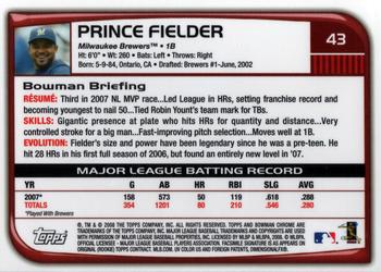 2008 Bowman Chrome #43 Prince Fielder Back