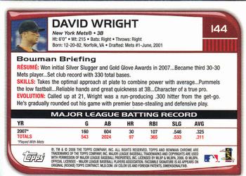 2008 Bowman Chrome #144 David Wright Back