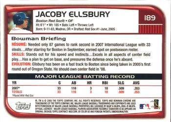 2008 Bowman Chrome #189 Jacoby Ellsbury Back