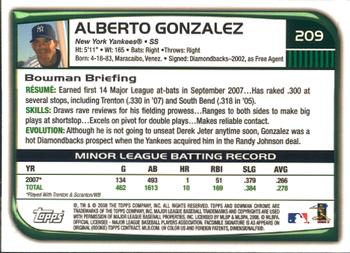 2008 Bowman Chrome #209 Alberto Gonzalez Back