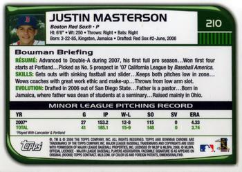 2008 Bowman Chrome #210 Justin Masterson Back