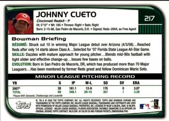 2008 Bowman Chrome #217 Johnny Cueto Back