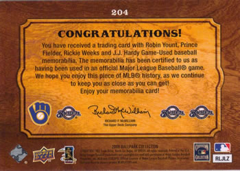 2008 Upper Deck Ballpark Collection #204 Robin Yount / Prince Fielder / Rickie Weeks / J.J. Hardy Back