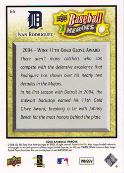 2008 Upper Deck Baseball Heroes #66 Ivan Rodriguez Back