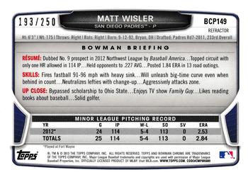 2013 Bowman Chrome - Prospects Blue Refractors #BCP149 Matt Wisler Back