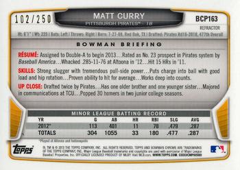2013 Bowman Chrome - Prospects Blue Refractors #BCP163 Matt Curry Back