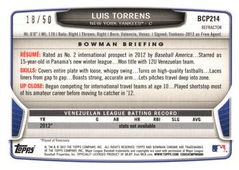 2013 Bowman Chrome - Prospects Gold Refractors #BCP214 Luis Torrens Back