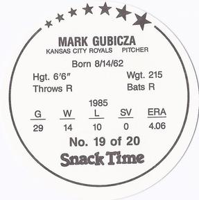 1986 Kitty Clover Kansas City Royals Discs #19 Mark Gubicza Back