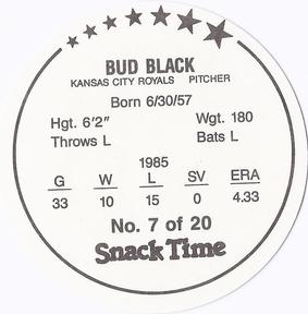 1986 Kitty Clover Kansas City Royals Discs #7 Bud Black Back