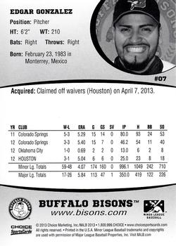 2013 Choice Buffalo Bisons #07 Edgar Gonzalez Back