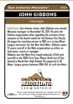 2012 Grandstand San Antonio Missions #1 John Gibbons Back