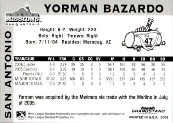 2006 Grandstand San Antonio Missions #6 Yorman Bazardo Back