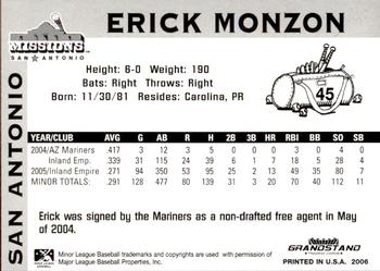 2006 Grandstand San Antonio Missions #22 Erick Monzon Back