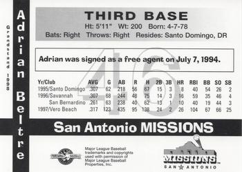1998 Grandstand San Antonio Missions #1 Adrian Beltre Back