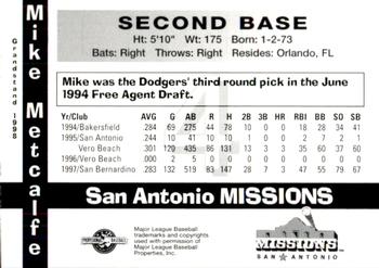 1998 Grandstand San Antonio Missions #9 Mike Metcalfe Back