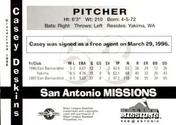 1998 Grandstand San Antonio Missions #19 Casey Deskins Back