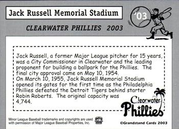 2003 Grandstand Clearwater Phillies #NNO Jack Russell Memorial Stadium Back