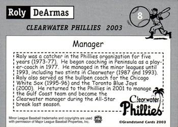 2003 Grandstand Clearwater Phillies #NNO Roly DeArmas Back