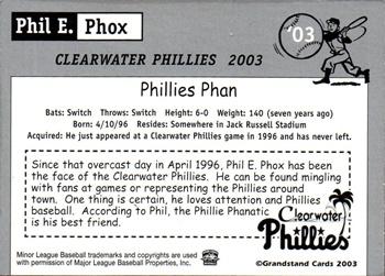 2003 Grandstand Clearwater Phillies #NNO Phil E. Phox Back