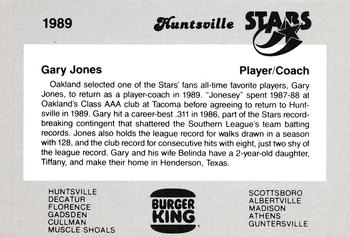 1989 Burger King Huntsville Stars #NNO Gary Jones Back