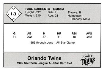 1989 Jennings Southern League All-Stars  #13 Paul Sorrento Back