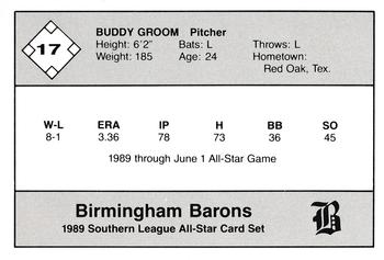 1989 Jennings Southern League All-Stars  #17 Buddy Groom Back