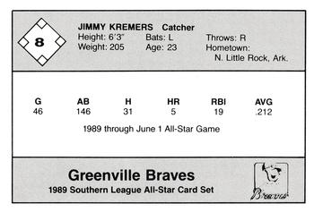 1989 Jennings Southern League All-Stars  #8 Jimmy Kremers Back