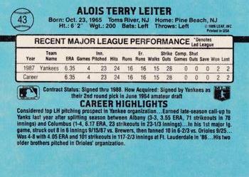 1988 Donruss New York Yankees Team Collection #43 Al Leiter Back