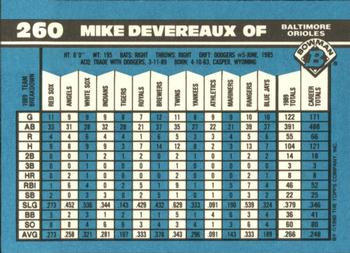 1990 Bowman - Limited Edition (Tiffany) #260 Mike Devereaux Back