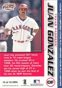 1999 Home Run Heroes #15 HRH Juan Gonzalez Back