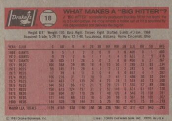 1981 Topps Drake's Big Hitters #18 George Foster Back