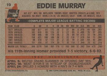 1983 Topps Drake's Big Hitters #19 Eddie Murray Back