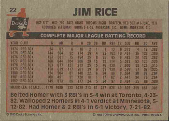 1983 Topps Drake's Big Hitters #22 Jim Rice Back
