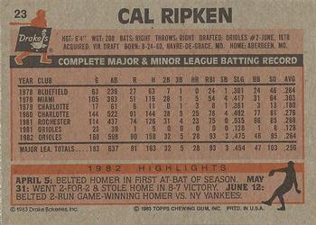 1983 Topps Drake's Big Hitters #23 Cal Ripken Back