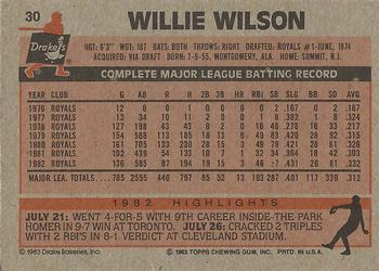 1983 Topps Drake's Big Hitters #30 Willie Wilson Back