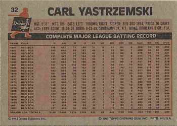 1983 Topps Drake's Big Hitters #32 Carl Yastrzemski Back