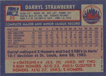 1984 Topps Drake's Big Hitters #29 Darryl Strawberry Back