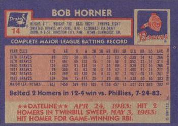 1984 Topps Drake's Big Hitters #14 Bob Horner Back