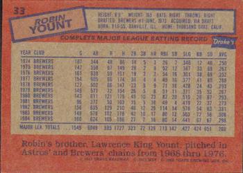 1985 Topps Drake's Big Hitters #33 Robin Yount Back
