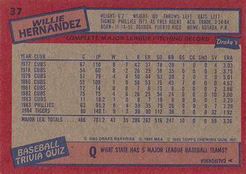 1985 Topps Drake's Big Hitters #37 Willie Hernandez Back