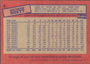 1985 Topps Drake's Big Hitters #4 George Brett Back