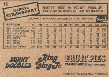 1986 Drake's Big Hitters #16 Darryl Strawberry Back