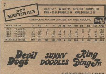 1986 Drake's Big Hitters #7 Don Mattingly Back