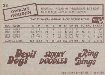 1988 Drake's Big Hitters Super Pitchers #28 Dwight Gooden Back