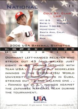 2006-07 USA Baseball Box Set  #11 Cole St. Clair Back