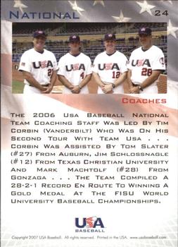 2006-07 USA Baseball Box Set  #24 National Team Coaches (Tom Slater / Tim Corbin / Jim Schlossnagle / Mark Machtolf) Back