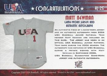 2006-07 USA Baseball Box Set  - Signatures Jersey Black #AJ-25 Matt Newman Back