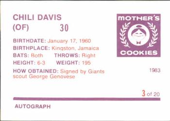 1983 Mother's Cookies San Francisco Giants #3 Chili Davis Back
