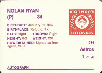 1984 Mother's Cookies Houston Astros #1 Nolan Ryan Back