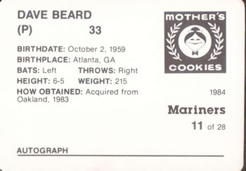 1984 Mother's Cookies Seattle Mariners #11 Dave Beard Back